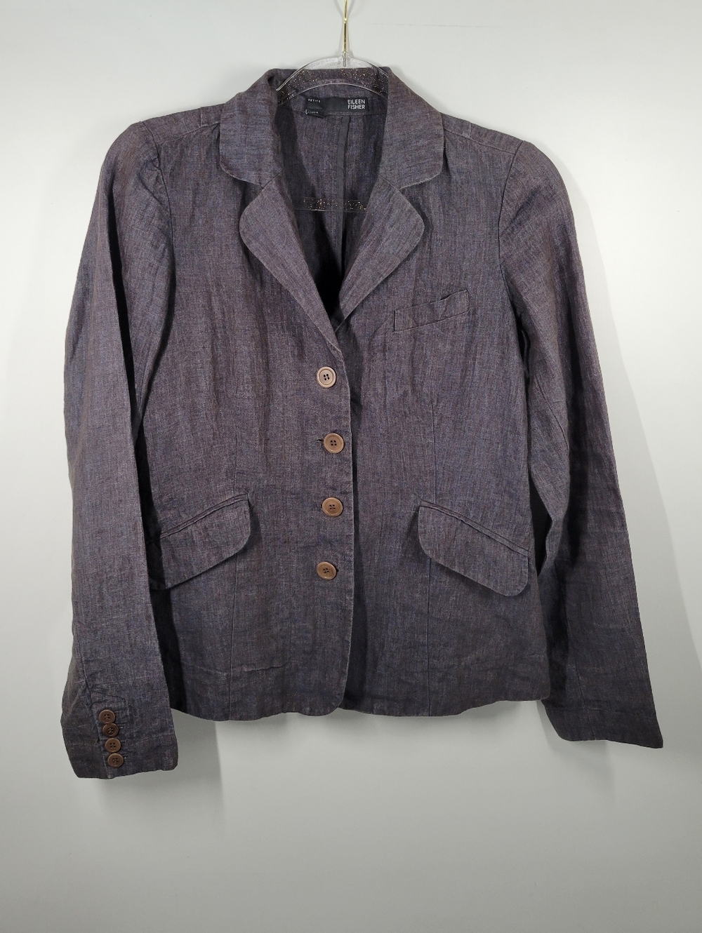 Eileen Fisher Dark Gray Linen Button Up Blazer Jacket Women Size 4P Petite